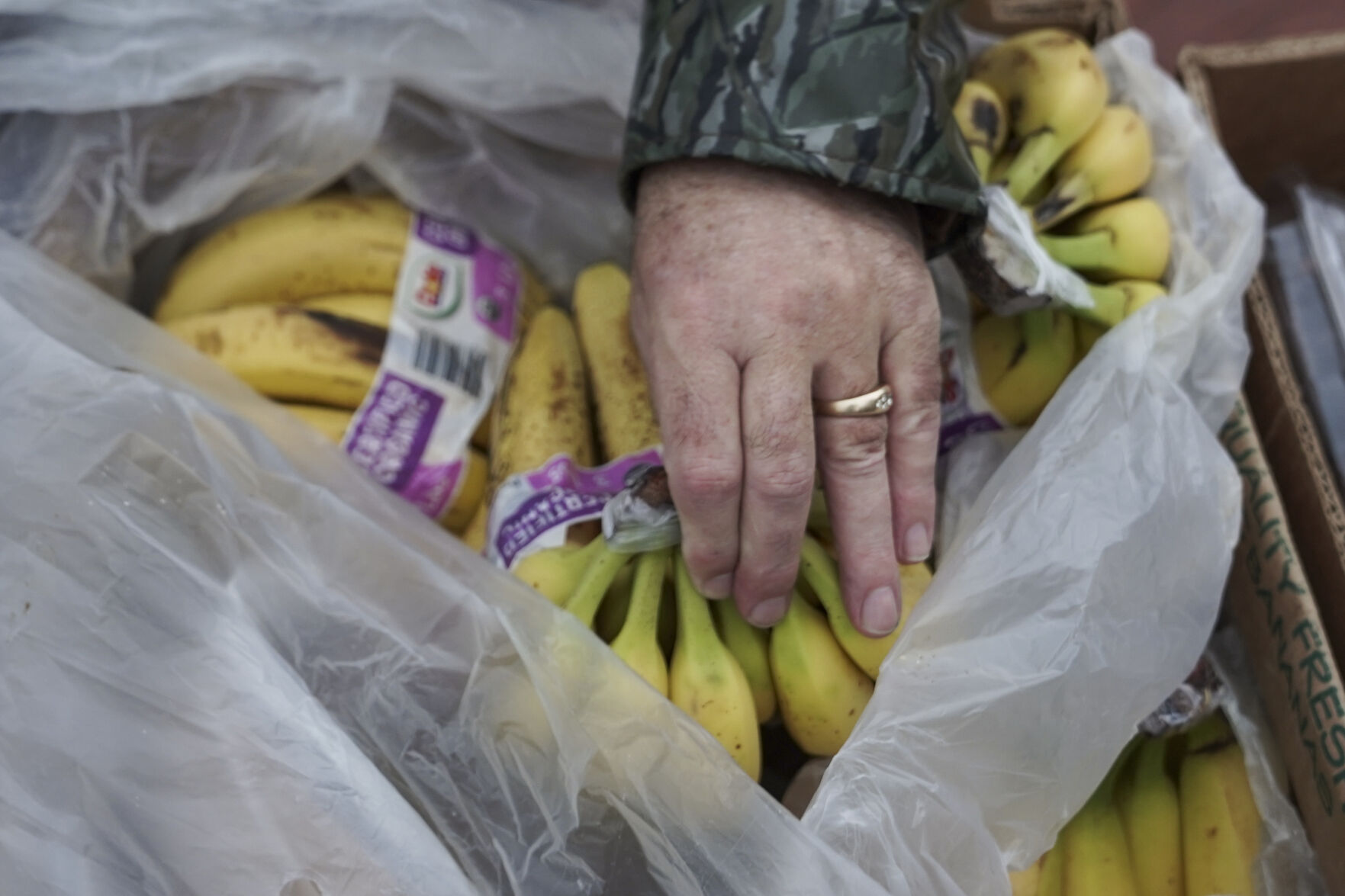 Robert Morrison picks up a bunch of bananas for a customer